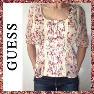 Guess Cream Pink Floral Pleated Blouse Top Small S